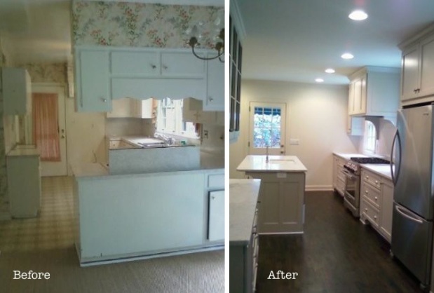 A picture of a kitchen before and after, benefitting from the work of Cottage Industry Construction.
