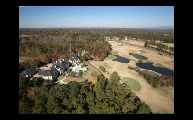 An aerial view of 811 Hawks Nest Court.  Listed for sale by Tina Hunsicker of Atlanta Fine Homes Sotheby's International Realty. Offered at $9.8 million.