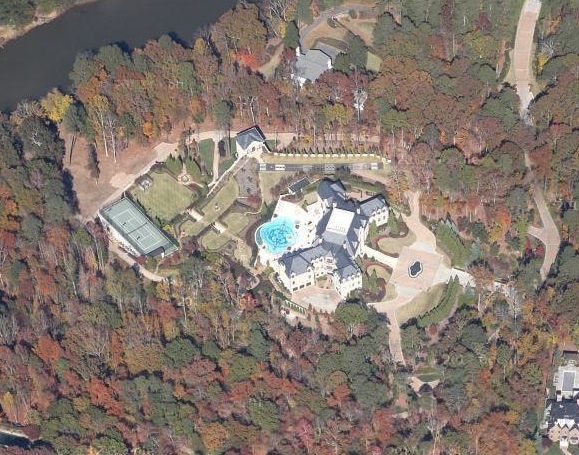 An aerial shot of the most expensive home for sale in Atlanta in 2013.  It's on over 10 acres with an incredible view of the Chattahoochee River.  $28M   Image: Google Earth.